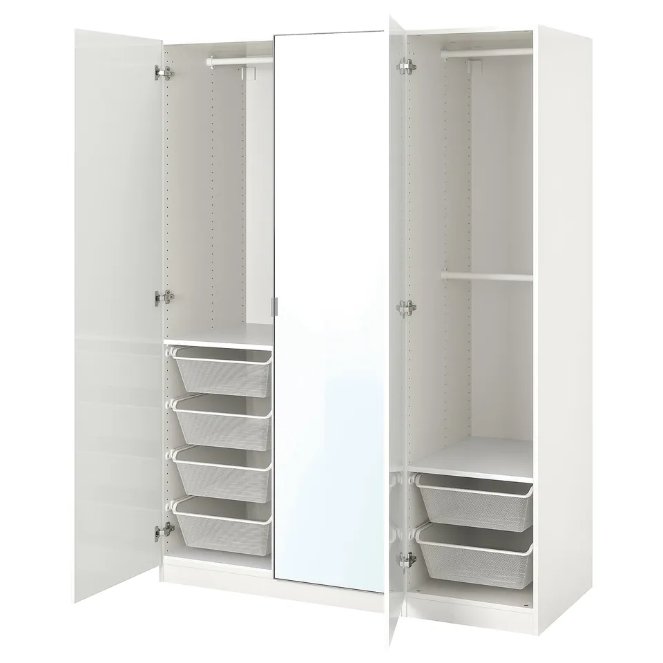 A white PAX wardrobe with open doors revealing metal mesh baskets inside. Its a functional and modern design.
