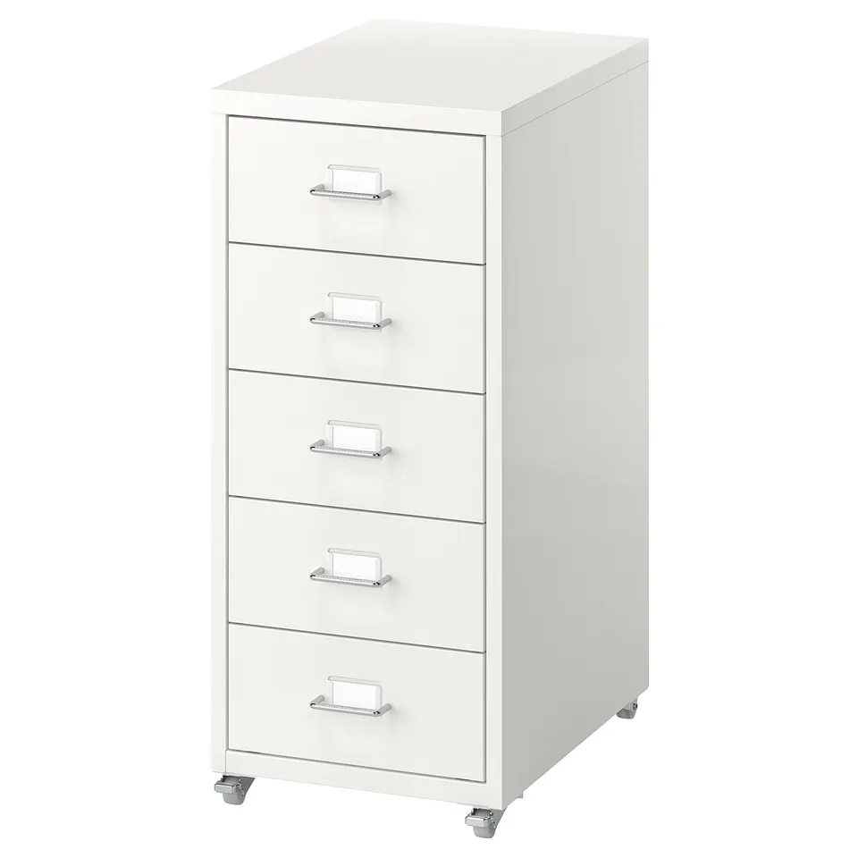 A white, five-drawer filing cabinet with metal handles and castors, allowing easy mobility and storage.