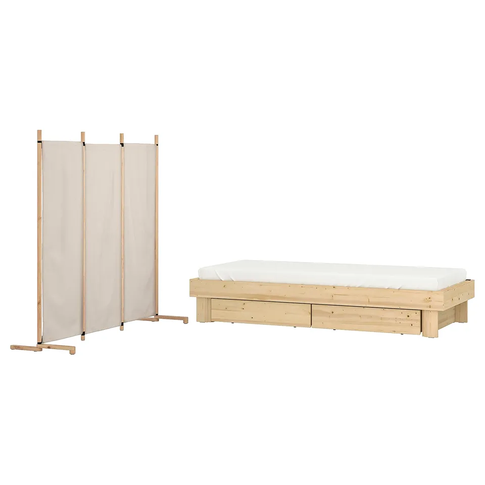 GLAMBERGET Bedroom furniture, set of 3, pine/Katorp beige, 80-160x200 cm