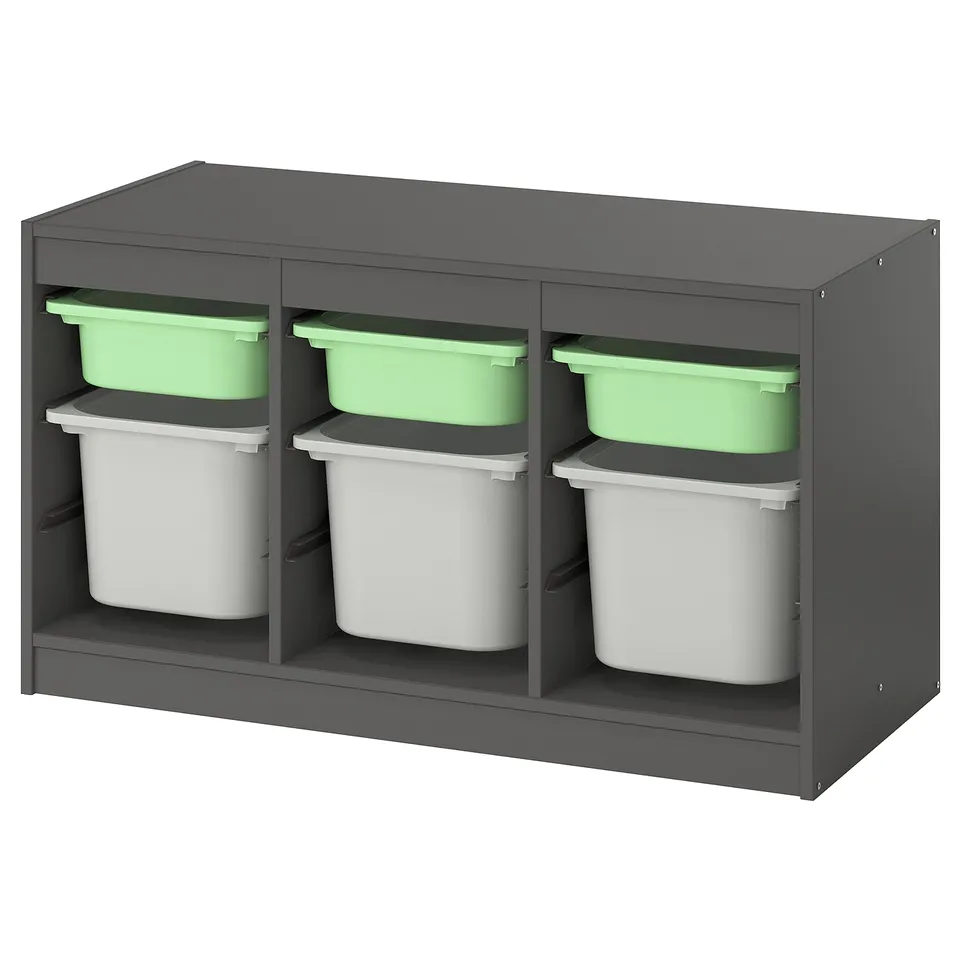 TROFAST storage unit: grey frame, green & white bins, modular design.