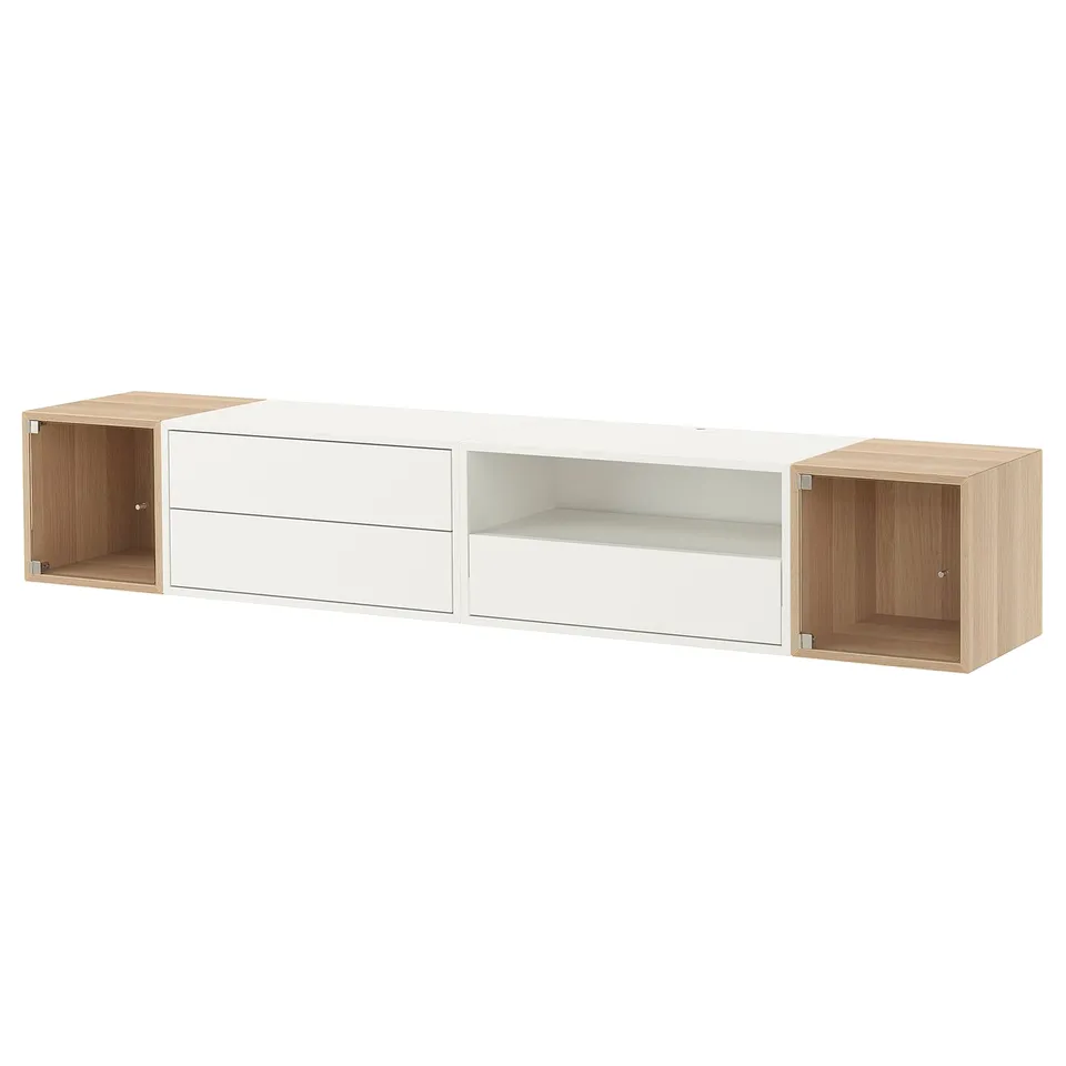 Ikea EKET wall shelf unit, light wood & white, 3 sections: 2 open cubes, 1 drawer unit, minimalist design.