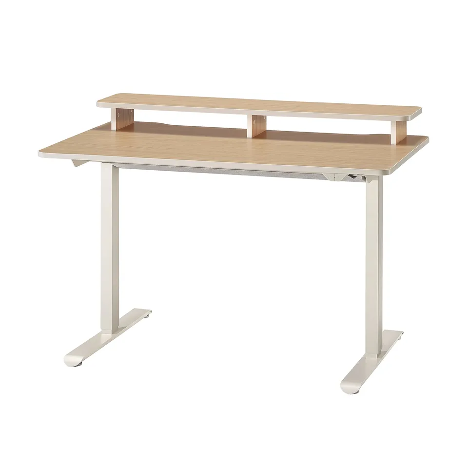 Adjustable standing desk, TRAVSPORT. Light wood top, white legs, functional design.
