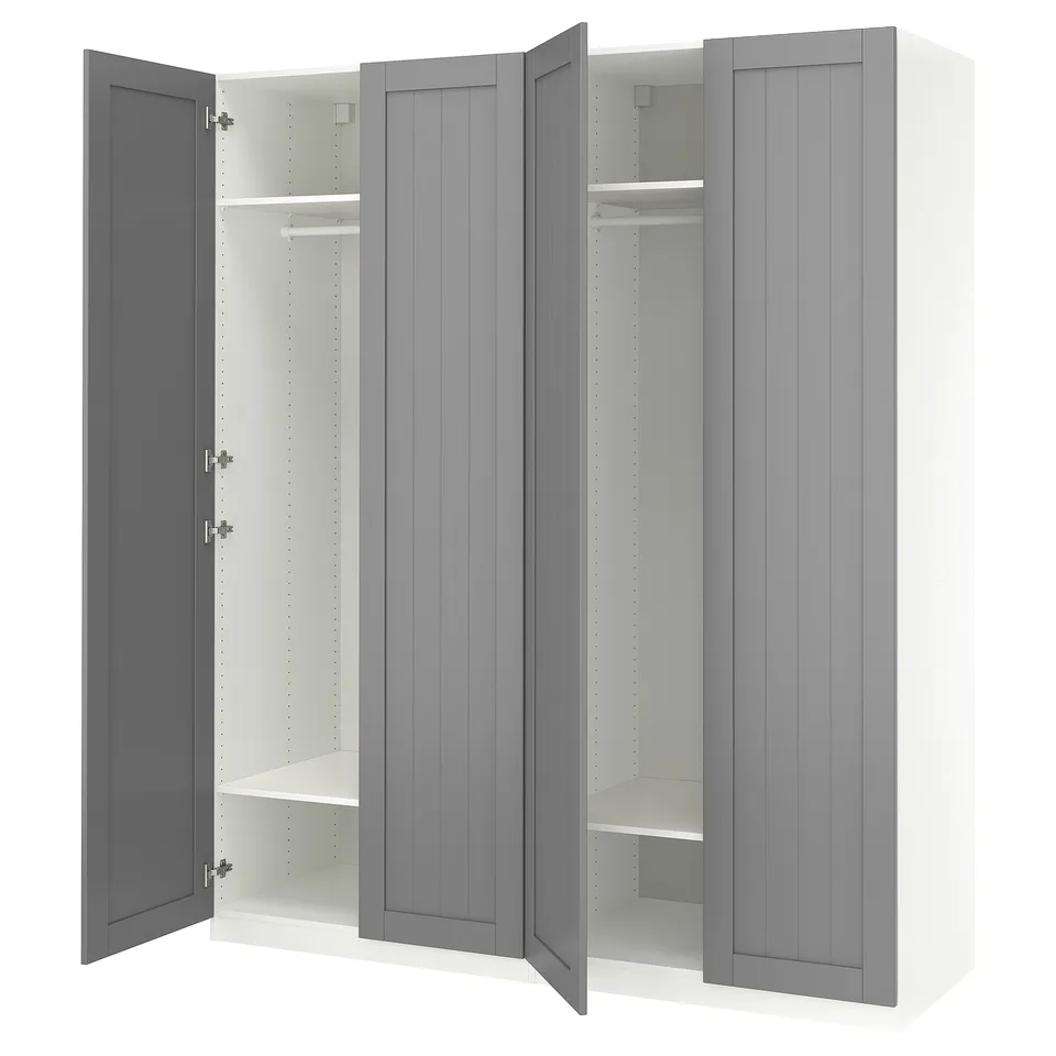 A grey PAX wardrobe with open doors, displaying shelves and a hanging rod inside.