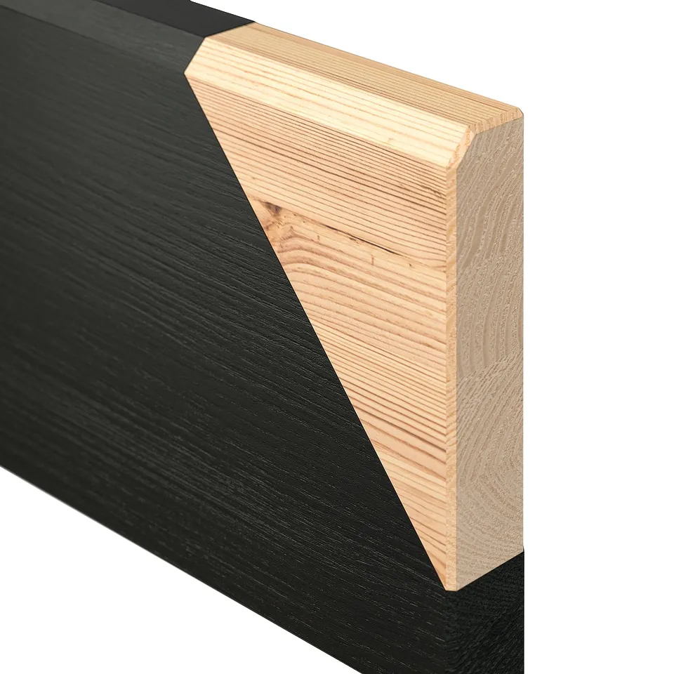 HAVSTA wooden plinth, light pine, dark base, angled corner detail.