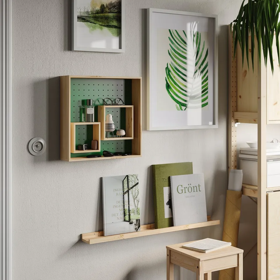 SKOGSMOSAIK shelf: adjustable inner shelves, playful style, fibreboard, pine