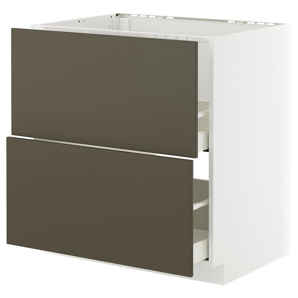 Modern kitchen cabinet in white with dark brown drawers.