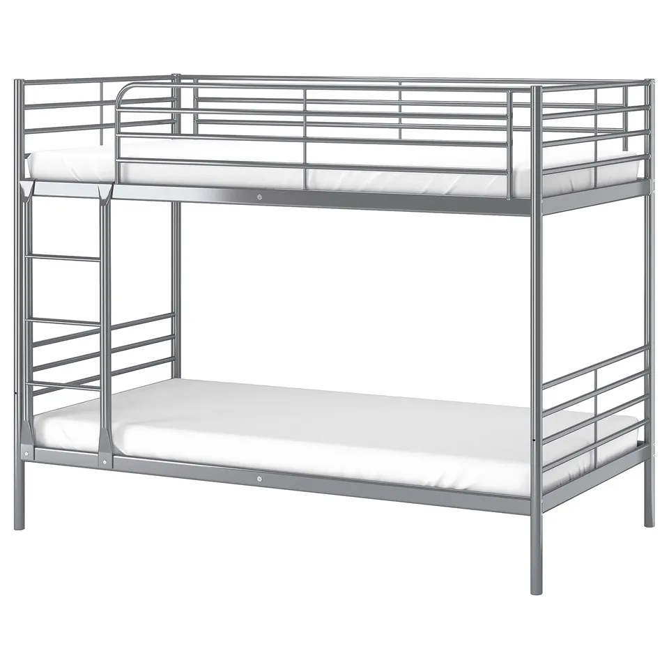 A silver SVÄRTA bunk bed with a metal frame, two white mattresses, a ladder on one side.