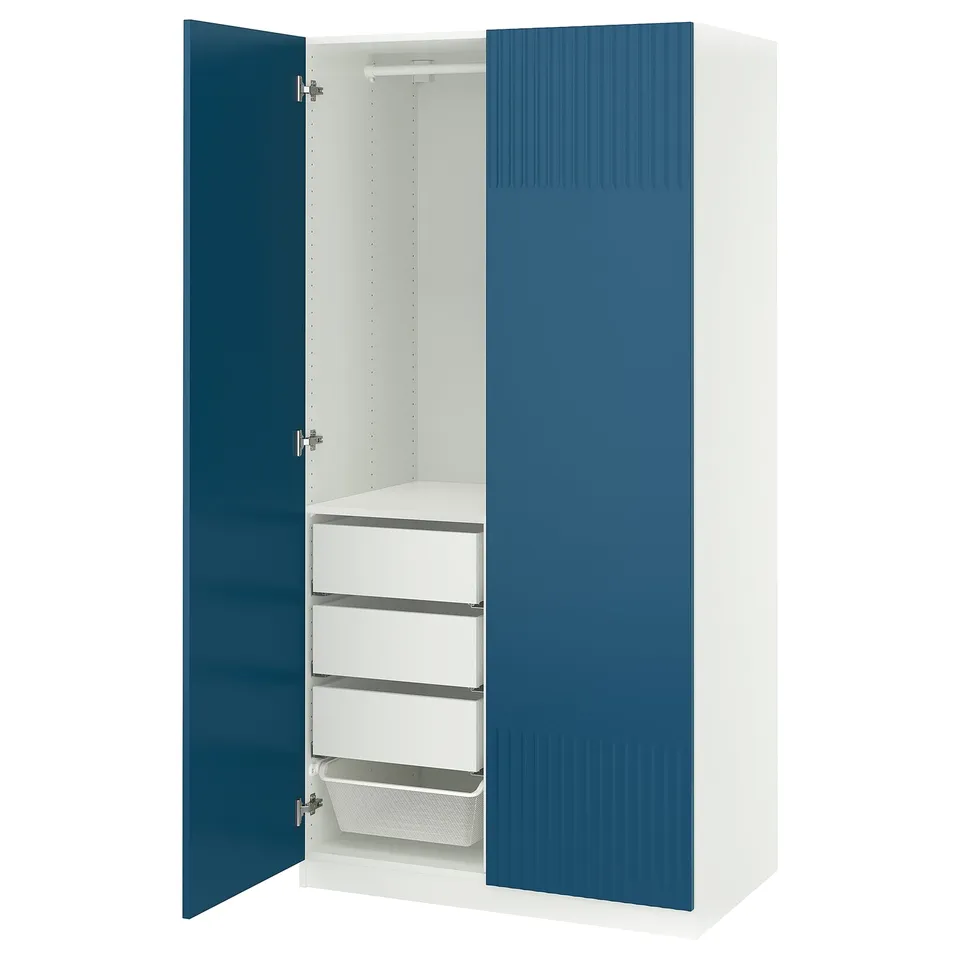 A white and blue PAX wardrobe with a mesh basket and hanging rail. It a modern, sleek design with a blue door.