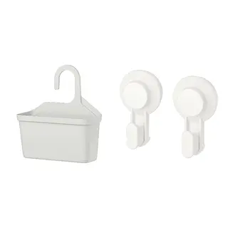 TISKEN/TÅNGHÄLLAN set: shower basket + hook with suction cup, light grey + white, 29x31 cm