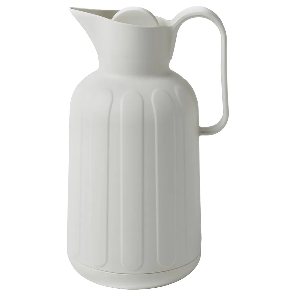 TAGGÖGA white vacuum flask, vertical ribs, one handle, sleek design.