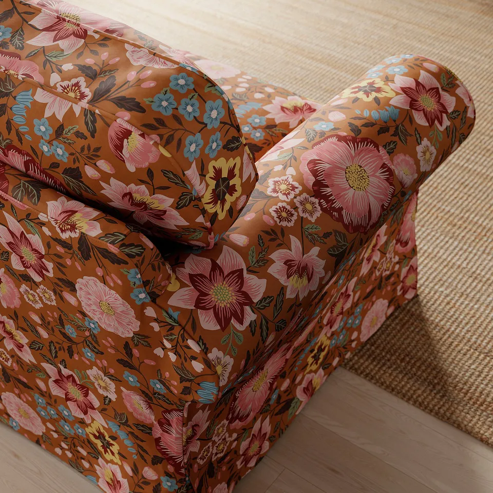 EKTORP 3-seat sofa with chaise longue, Mångbyn brown/multicolour