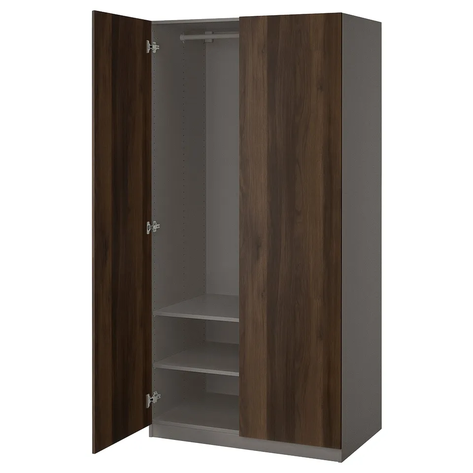 PAX wardrobe, dark-brown, tall, rectangular, with two open doors revealing interior shelves, soft-close hinges.
