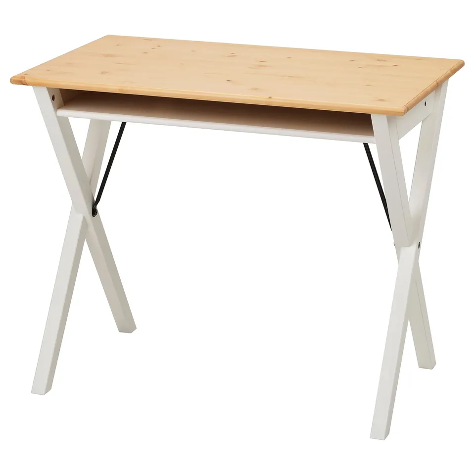 BOLLPOJKE desk: wooden top, white metal legs, simple, rectangular shape.