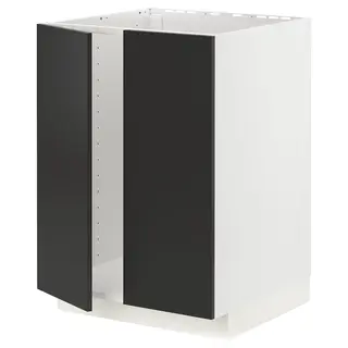 METOD base cabinet for sink + 2 doors, white/Nickebo matt anthracite, 60x60x80 cm