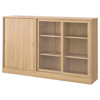 TONSTAD storage combination w sliding doors, oak veneer/clear glass, 202x37x120 cm