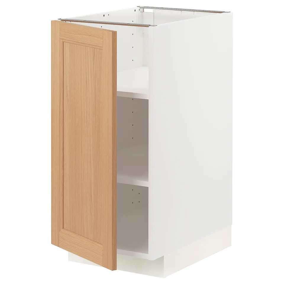 METOD kitchen unit, white and oak, open door, adjustable shelves.