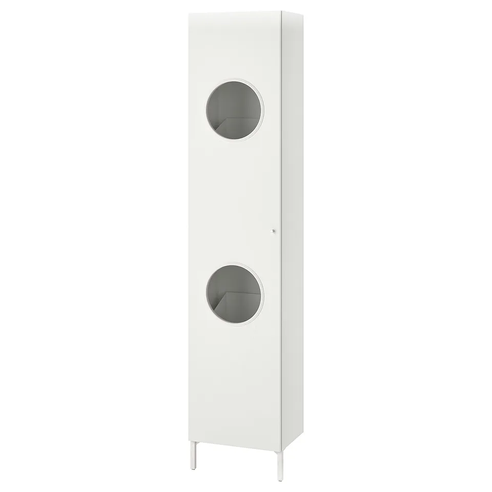 A white NYSJÖN cabinet with round cutouts on each door.