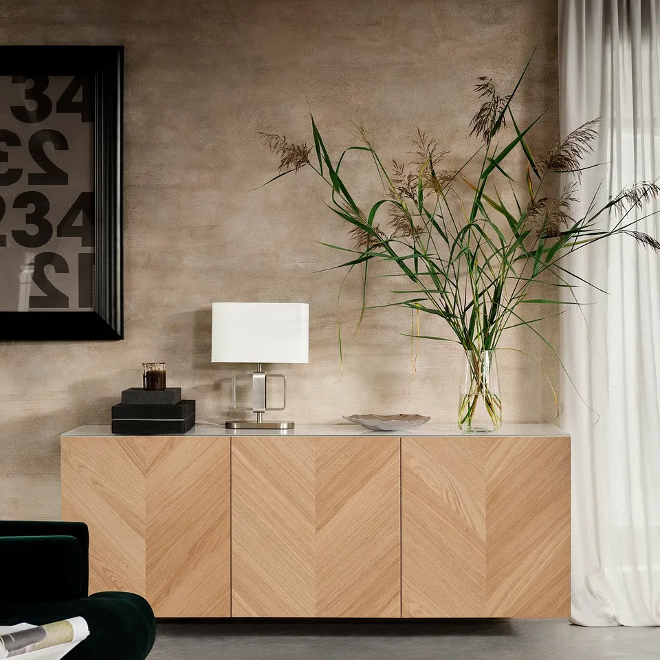 Wooden sideboard, white lamp, green plants, black picture.
