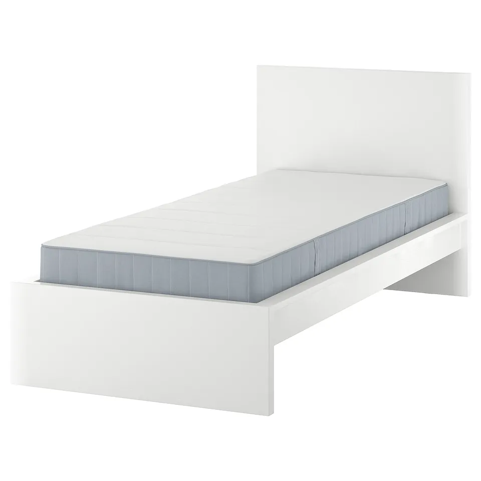 Minimalist white MALM bed with grey mattress, rectangular, clean lines.