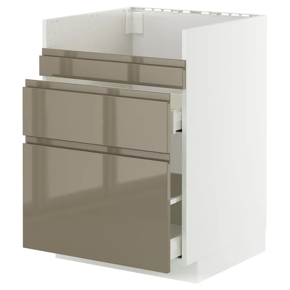 Modern kitchen cabinet with dark gloss fronts and integrated handles, featuring organised drawers.
