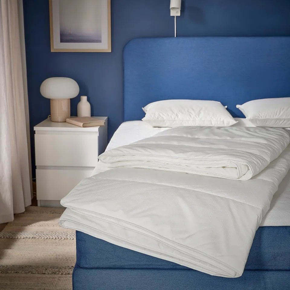 Bed with blue headboard, white duvet, bedside lamp, books, & wall art. Blue & white theme.