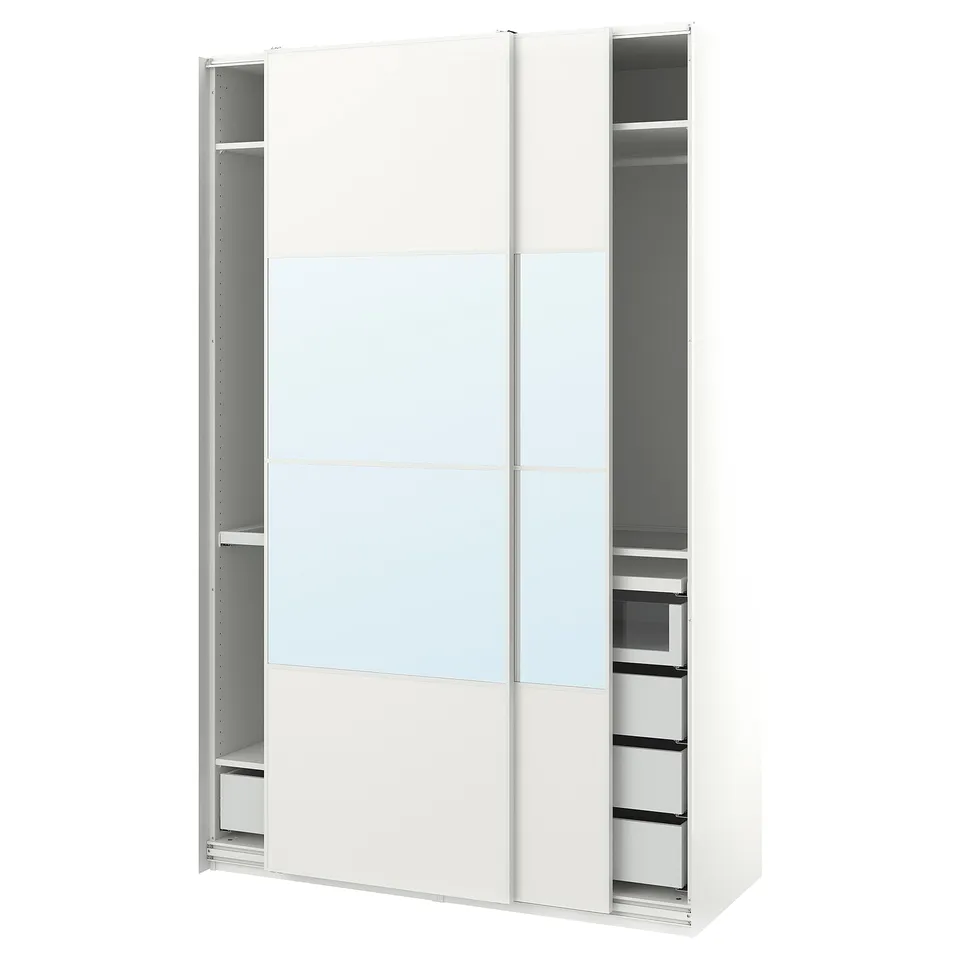 A white PAX wardrobe with mirrored sliding doors, containing shelves and drawers.