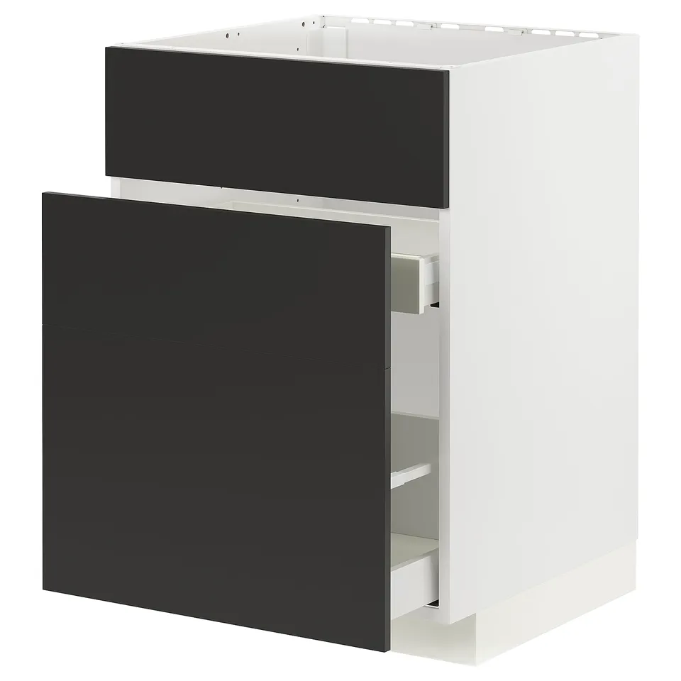 Modern black and white kitchen cabinet with sleek design and smooth drawers.