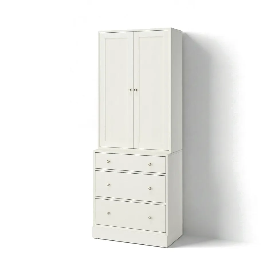 HAVSTA: tall white cabinet, 2 doors; below, 3-drawer pine chest.