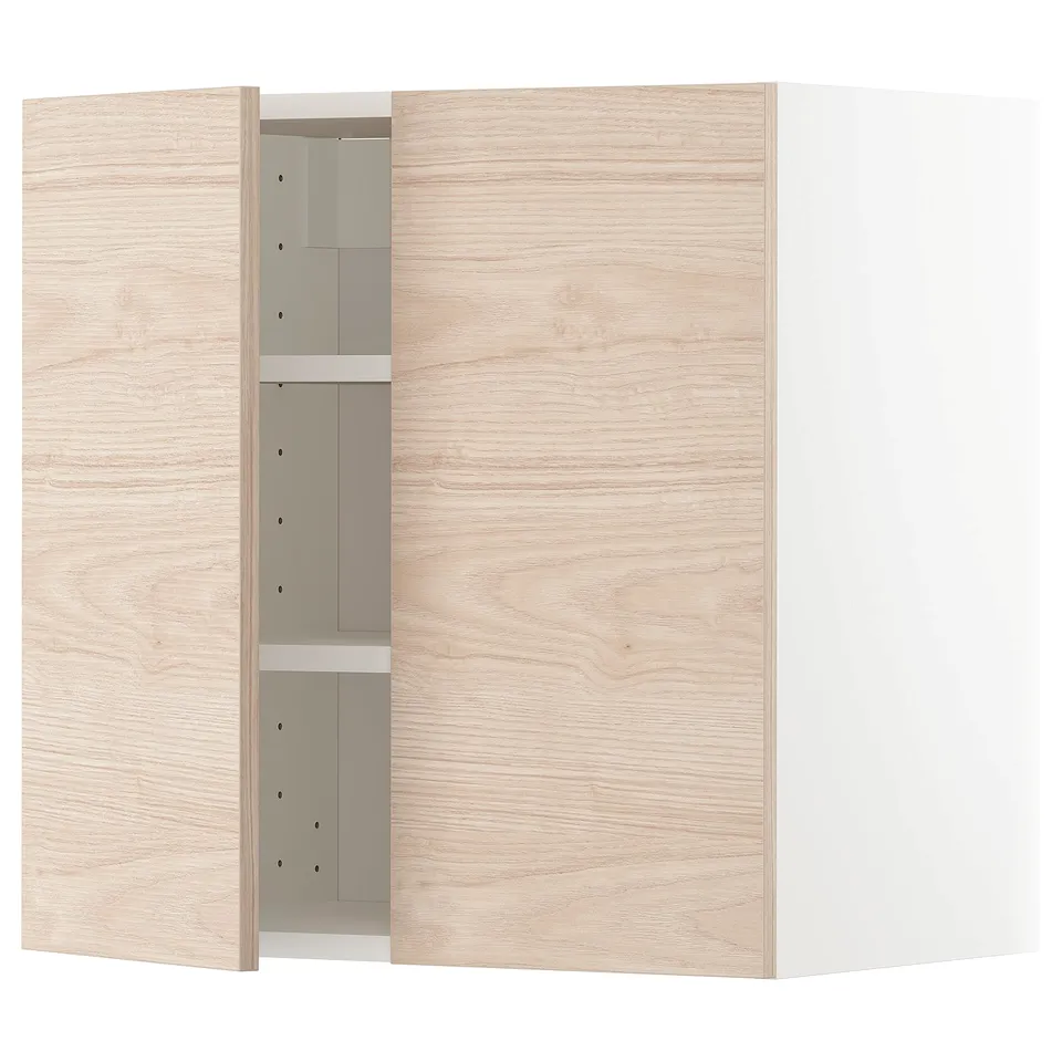 METOD kitchen cabinet in light ash wood with adjustable shelves.