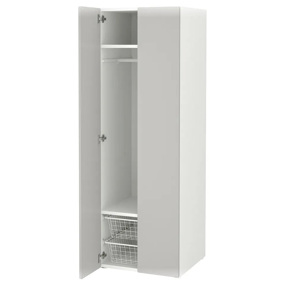 A white SMÅSTAD wardrobe with one open door revealing shelves and a hanging rod inside.
