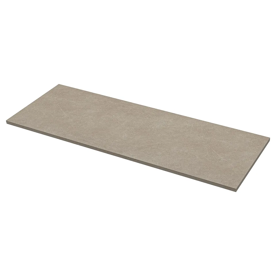 Long, flat ikea EKBACKEN laminate worktop in beige, rectangular shape, ready for kitchen use.