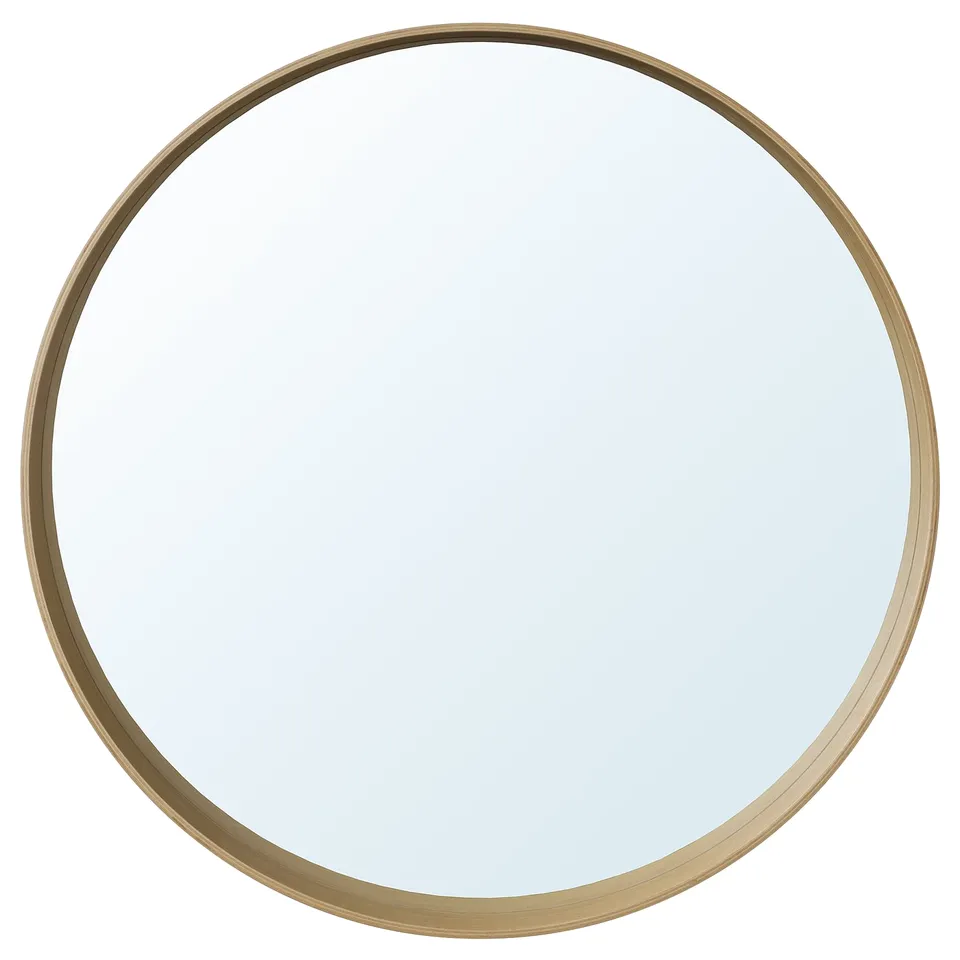 STOCKHOLM round mirror, gold frame, oak shelf detail.