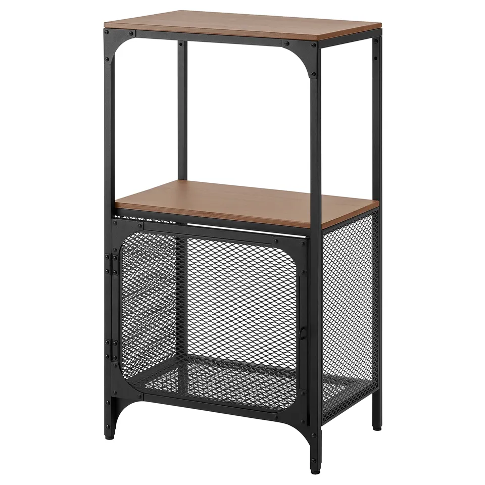FJÄLLBO rustic metal & wood shelves. Black frame, brown wooden shelves. Adjustable feet.