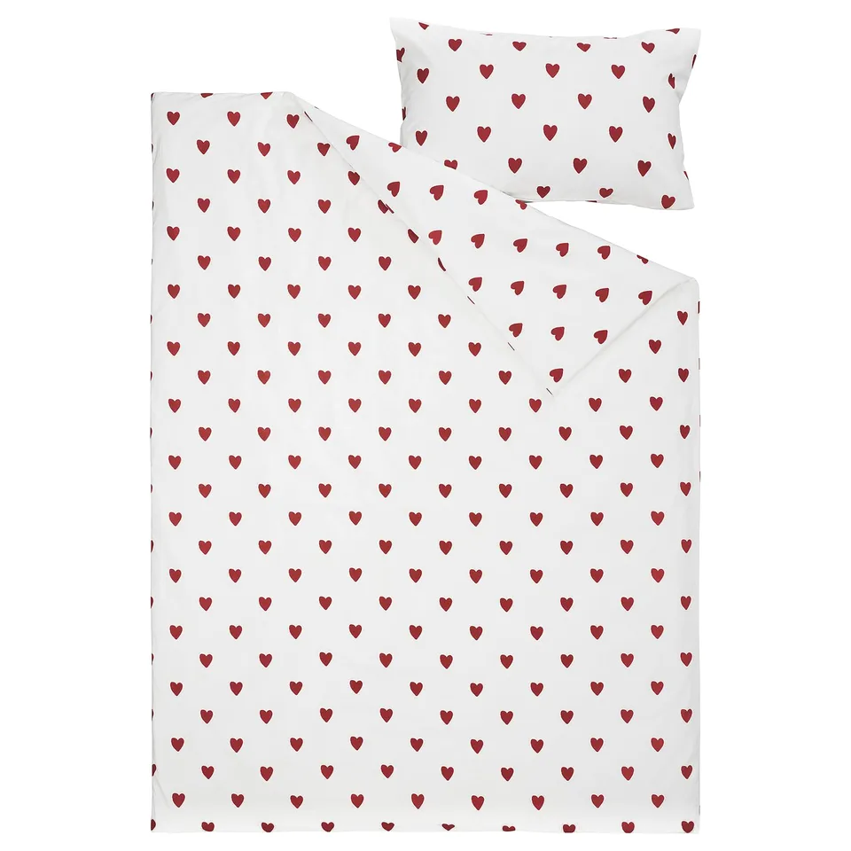 BARNDRÖM Duvet cover and pillowcase, heart pattern/white red, 150x200/50x80 cm
