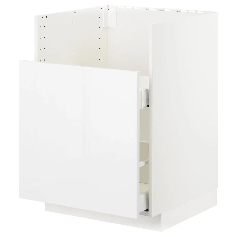 White kitchen cabinet unit with smooth drawers and high gloss finish.