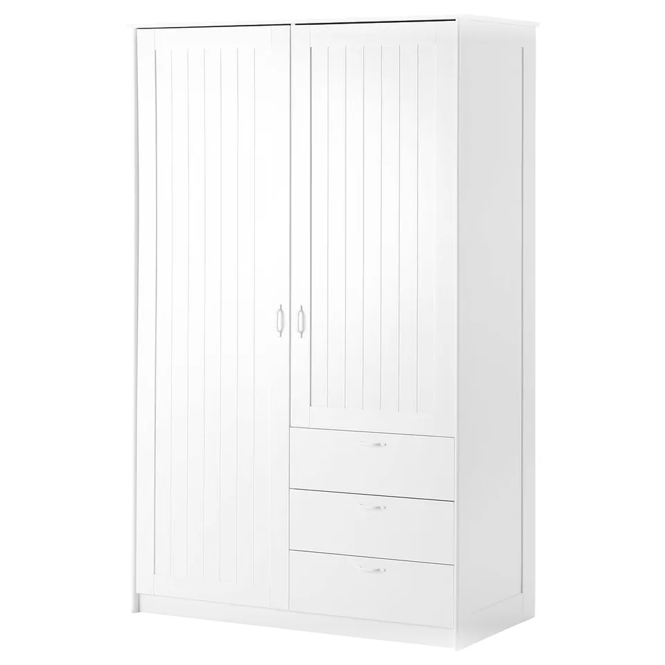 A white MUSKEN wardrobe with two doors and three drawers. It has a modern design with sleek lines and adjustable shelves.