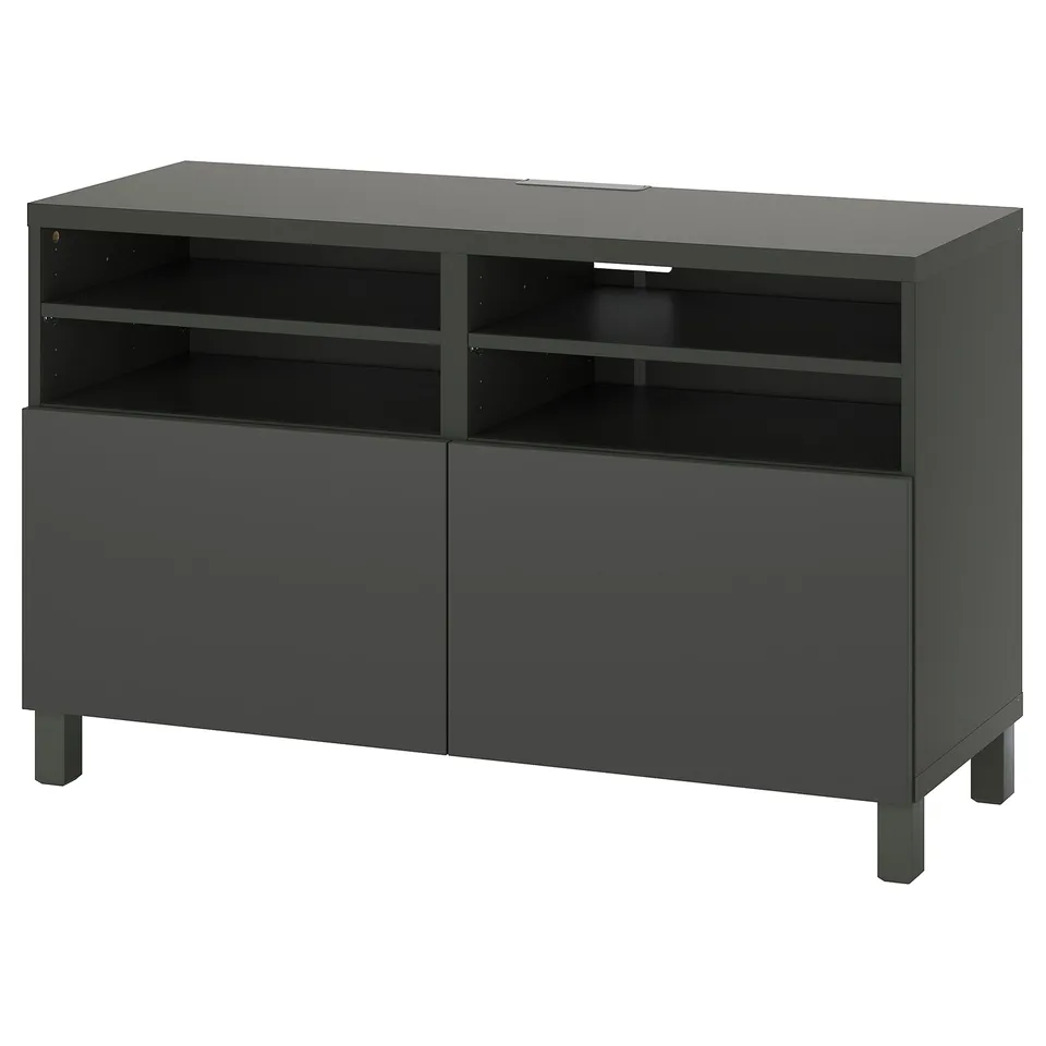 Modern grey tv stand, BESTÅ series, two doors and adjustable shelves for cable management.