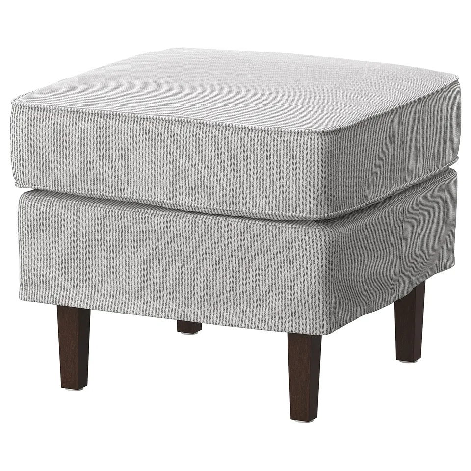 ROCKSJÖN grey stripe footstool, wood legs, square cushion, traditional design.