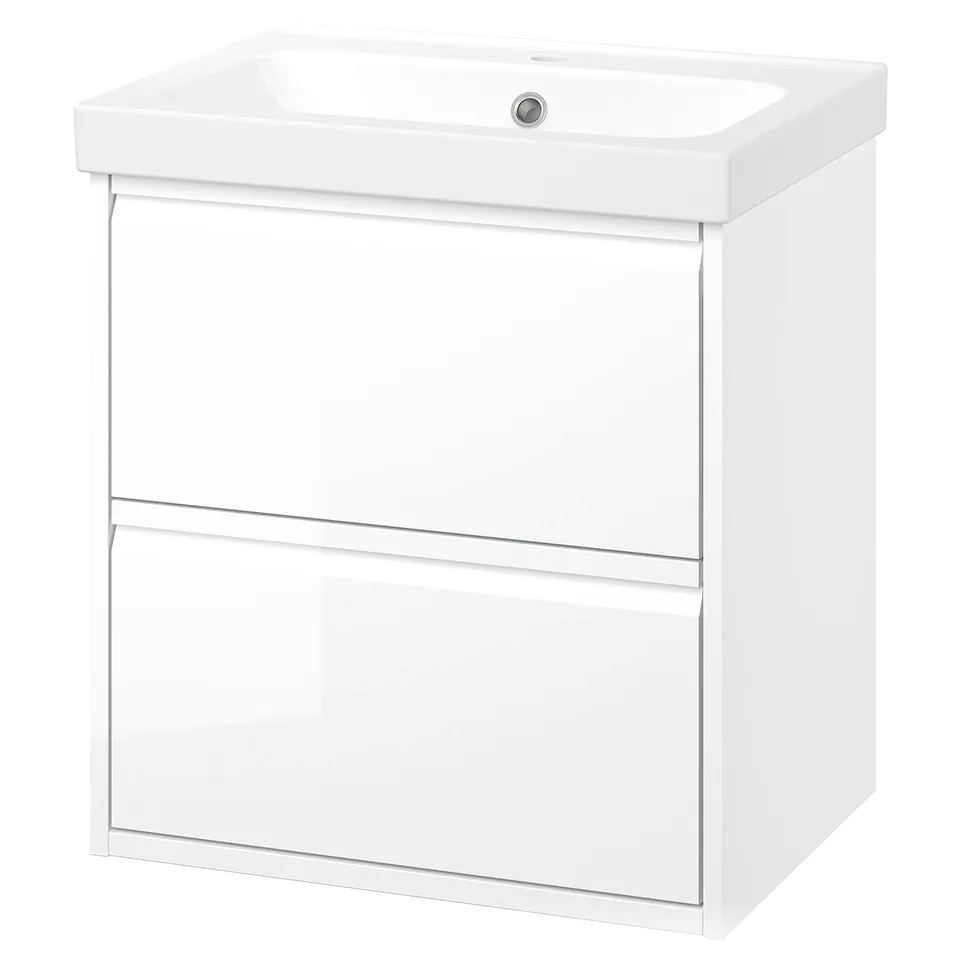 ÄNGSJÖN white bathroom cabinet, glossy, wall-mounted, 2 drawers, ceramic sink top.