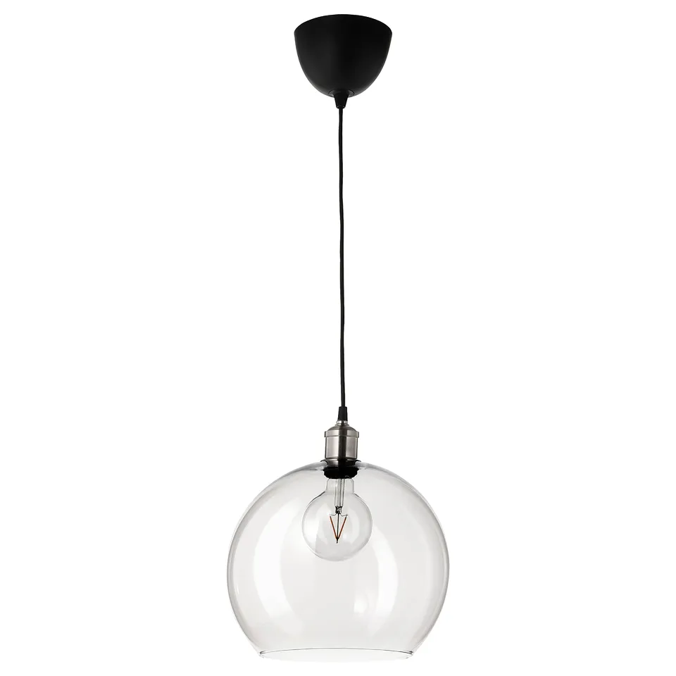 Jakobsvyn: hanging lamp with clear globe shade & black cord.