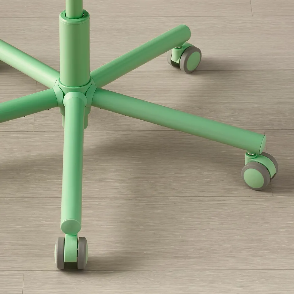A green gaming chair base, highlighting its sturdy, star-shaped design with smooth-rolling wheels.