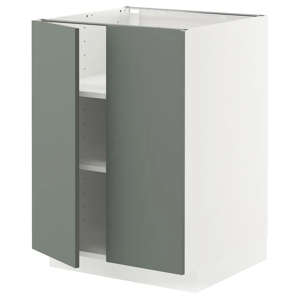 Modern white and teal kitchen cabinet with double doors.