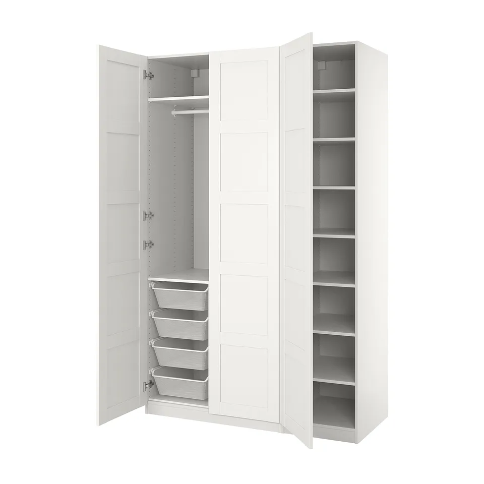 An open white PAX wardrobe with mesh drawers and shelves.