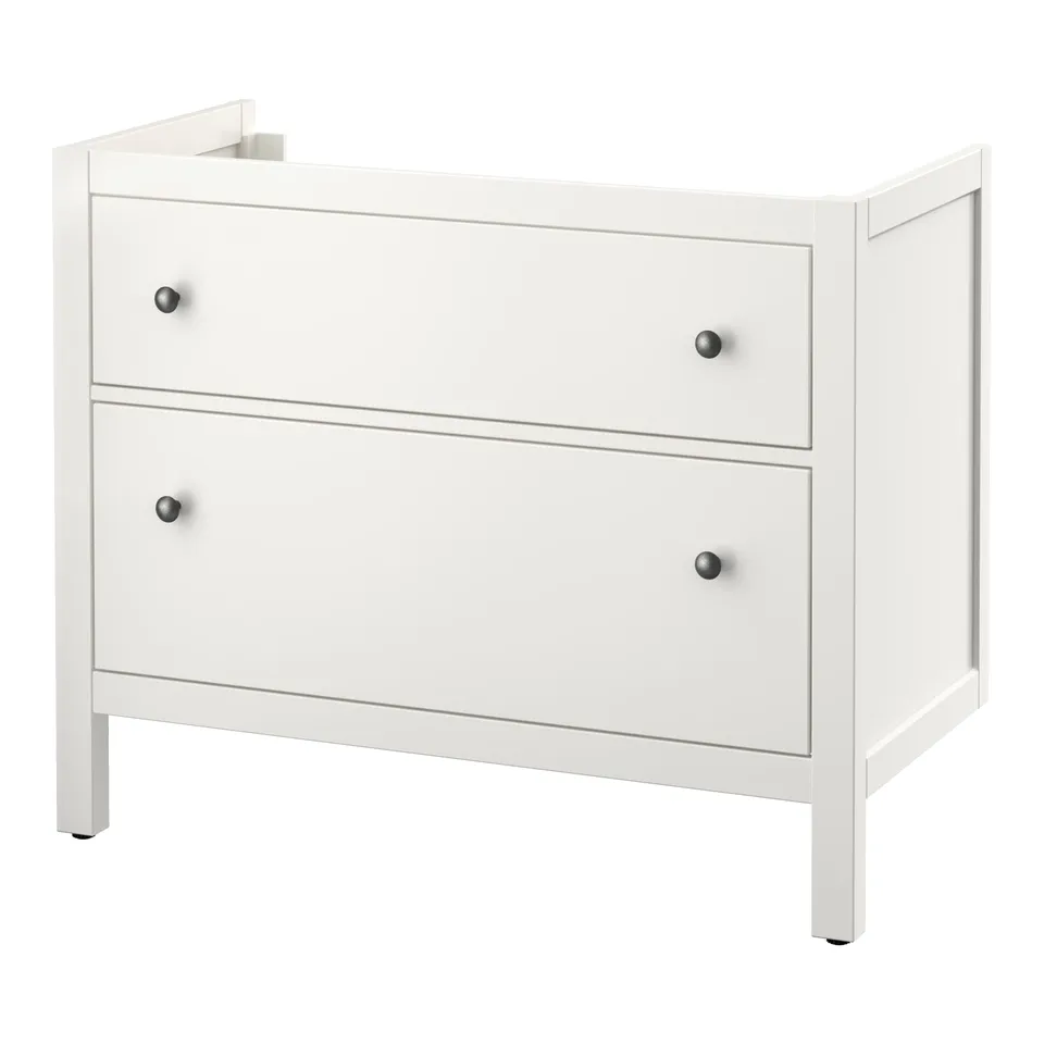 A white HEMNES bathroom cabinet with smooth, grey handles. It has a rectangular design with two drawers.