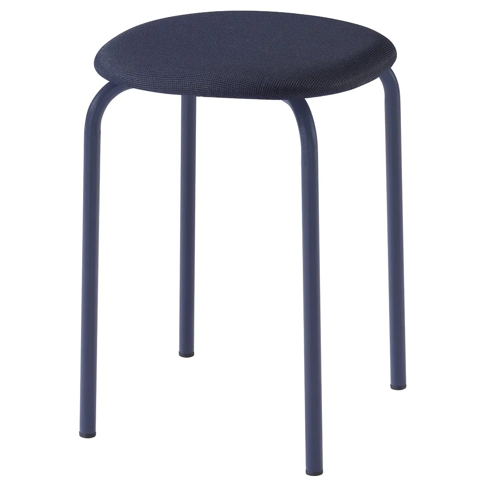 GULTARP blue upholstered round stool with metal legs.