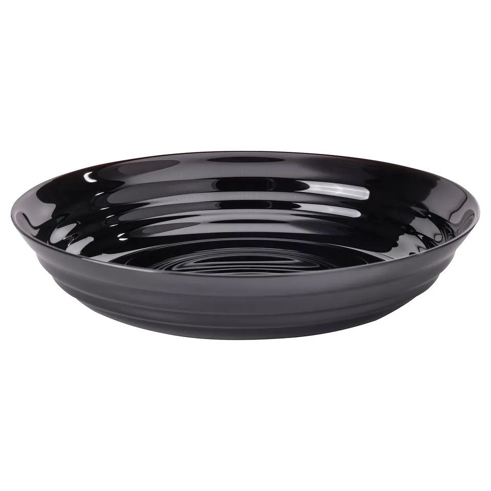 Black glossy glass bowl with circular ripple design, shallow shape, platter-like.