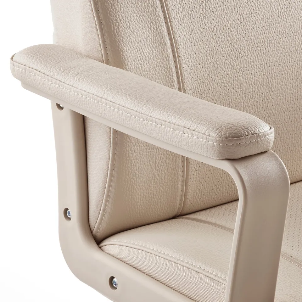 Beige office chair, featuring soft, padded armrests and breathable fabric for comfort. High backrest and adjustable height ensure ergonomic support.