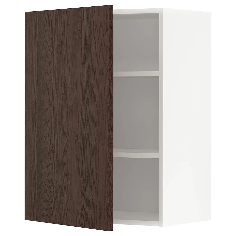 Modern kitchen cabinet: single door, dark brown, wood grain, white interior, square shape.