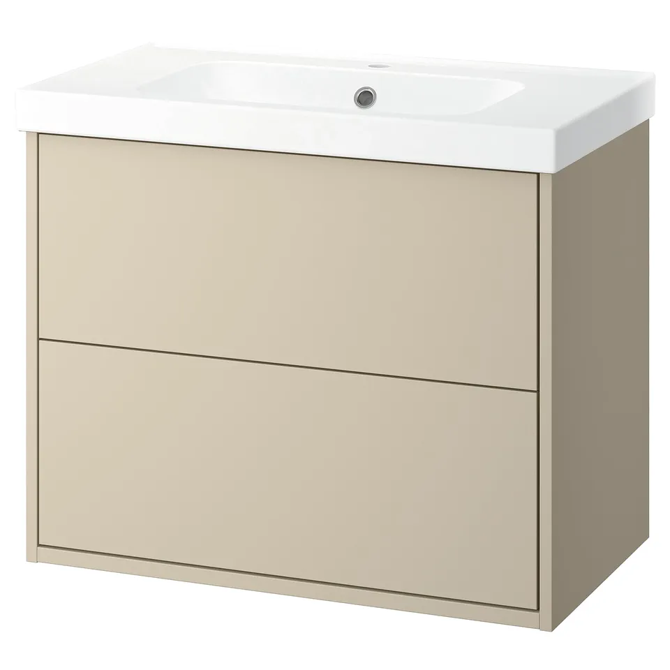 The HAVBÄCK vanity in beige with a ceramic sink, wall-mounted, featuring two large drawers.