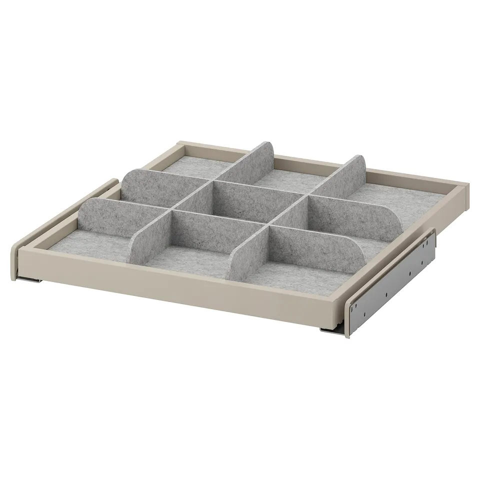KOMPLEMENT pull-out drawer tray, beige, felt dividers, 3x3 grid, slides out.